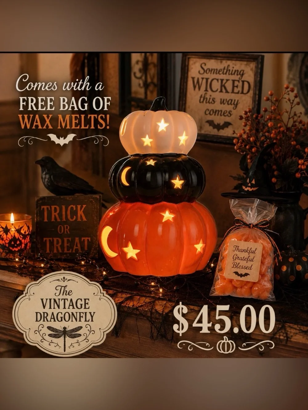 Stacked Pumpkin Accent Shade Halloween Fall Decor